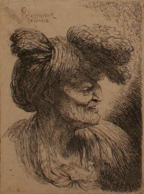 Giovanni Benedetto Castiglione zv. Il Grechetto - Hlava starce v turbanu s kožešinou, 3.list ze souboru Malé mužské hlavy s orientálními účesy