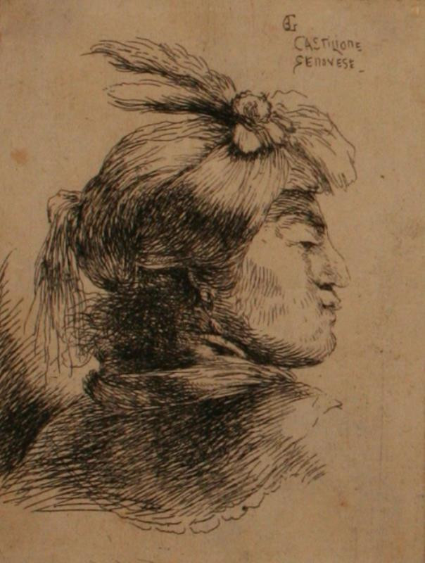 Giovanni Benedetto Castiglione zv. Il Grechetto - Hlava muže v turbanu se dvěma péry, 2.list ze souboru Malé mužské hlavy s orientálními účesy