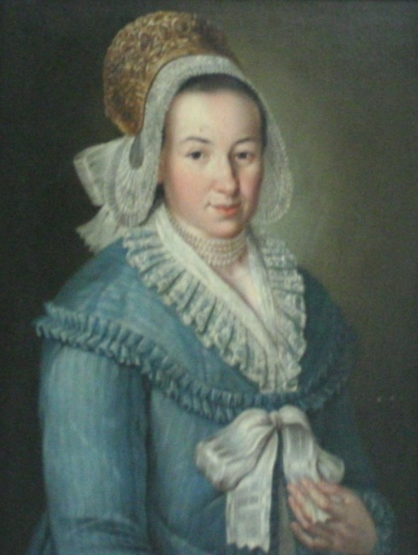 neznámý malíř - Portrét mladší ženy v modrých proužkovaných šatech