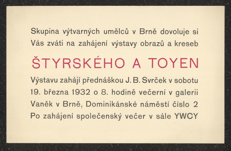 neznámý - Pozvánka na výstavu obrazů a kreseb Štýrského a Toyen, Brno, Dominikánské nám.