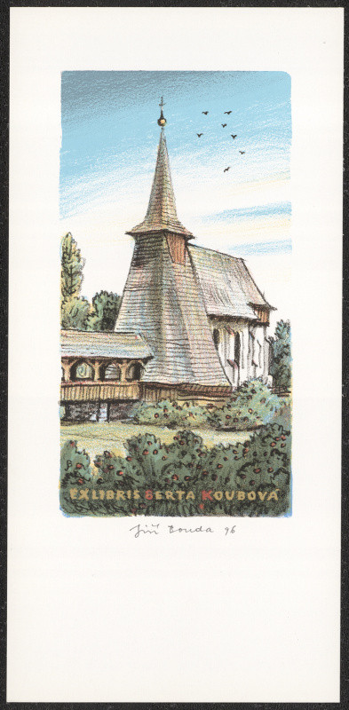 Jiří Bouda - Ex libris Berta Koubová. in Soubor 9 exlibris z Východních Čech a 1 z Prahy v barevných litografiích Jiřího Boudy. 1996 ke kongresu FISAE v Chrudimi