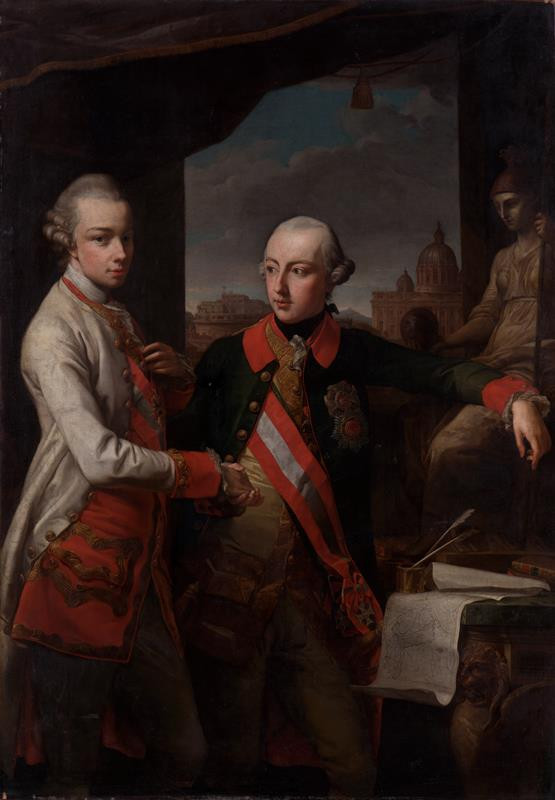 Pompeo Girolamo Batoni (dílna) - Dvojportrét s prospektem Říma (Josef II.a Leopold II.)