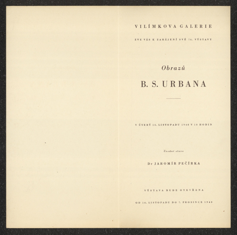 neznámý - Pozvánka na výstavu obrazu B. S. Urbana ve Vilímkově galerii n.p. Praha
