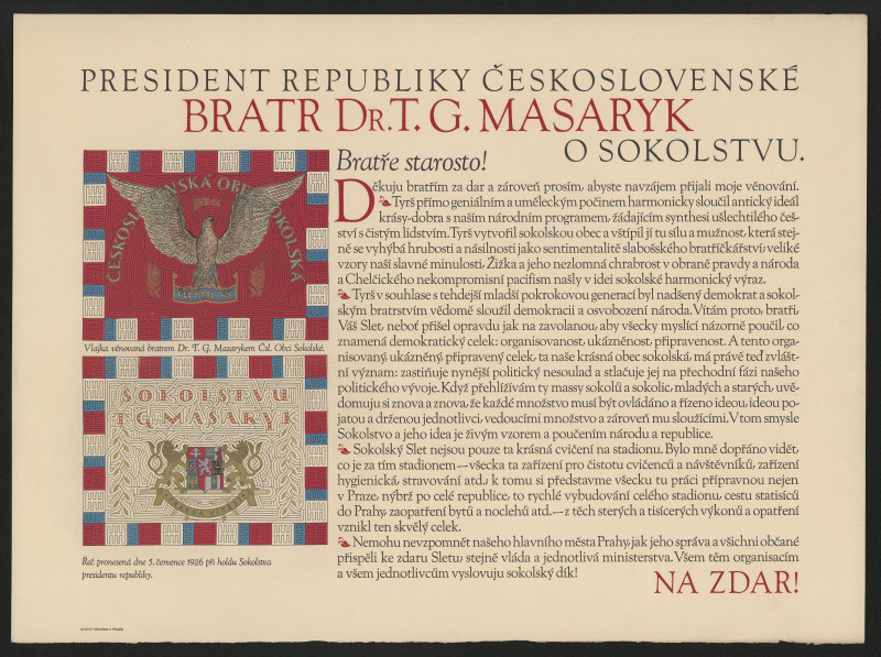 Jaroslav Benda (?) - President republiky československé bratr Dr. T.G. Masaryk O sokolstvu 15.7.1926