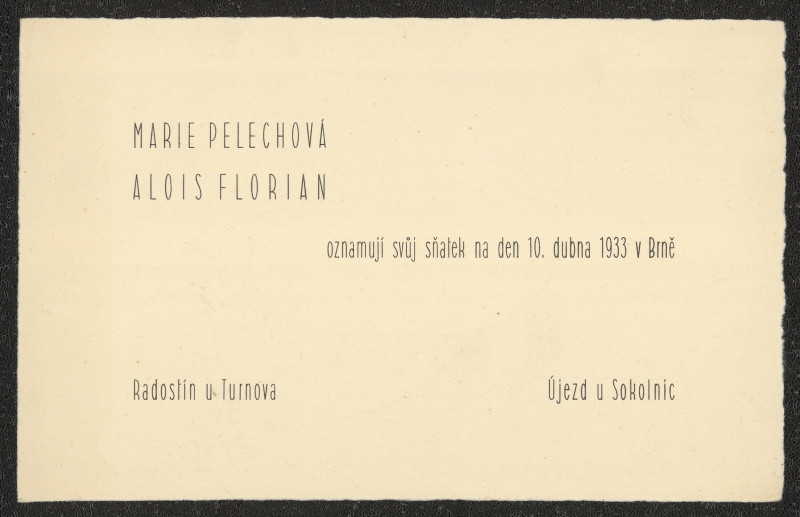 neznámý - Oznámení sňatku Marie Pelechové a Aloise Floriana