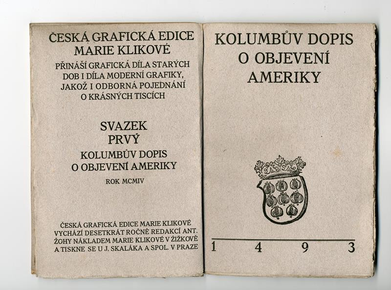 neurčený autor, Marie Kliková - Kolumbův dopis o objevení Ameriky 1493