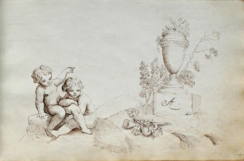 Josef Axmann - Pomník s vázou, dva amorci a hudební zátiší