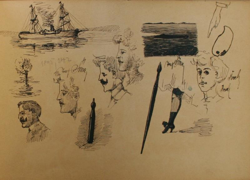 Josef Šíma - List ze skicáku (studie hlav, krajiny a lodí)