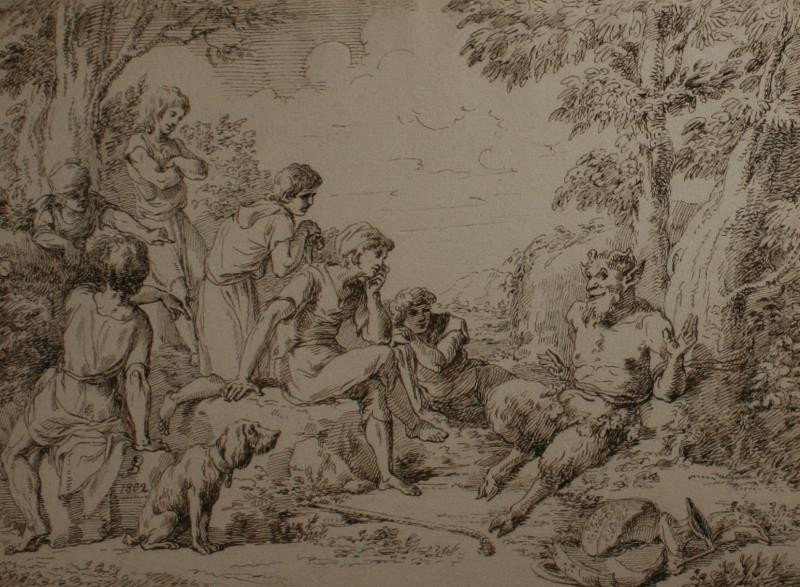 Josef Bergler - Pastýři naslouchají faunovi (ilustrace k Salomon Gessner: Rozbitý džbán)