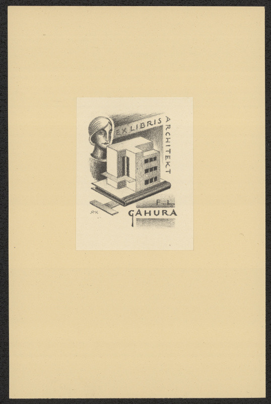 Rudolf (Ruda) Kubíček - Ex libris Architekt F. L. Gahura. in Ruda Kubíček, Druhý soubor ex libris. Litografie. Uherské Hradiště 1929