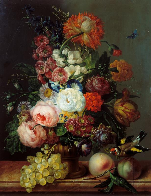 Franz Xaver Petter - Zátiší s květinami, hroznem a stehlíkem