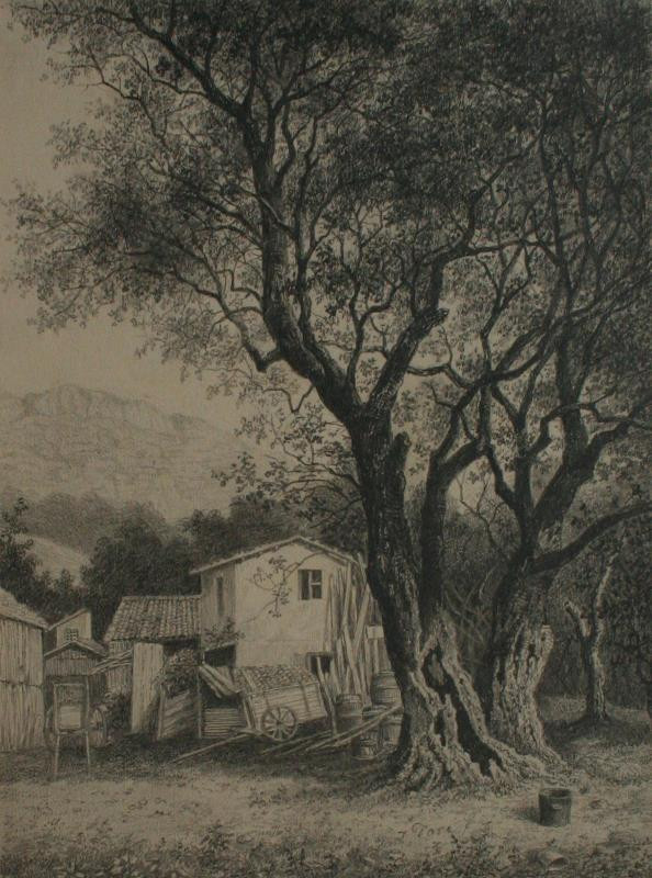 Josef Doré - Selské stavení pod stromem - (studie podle fotografie)