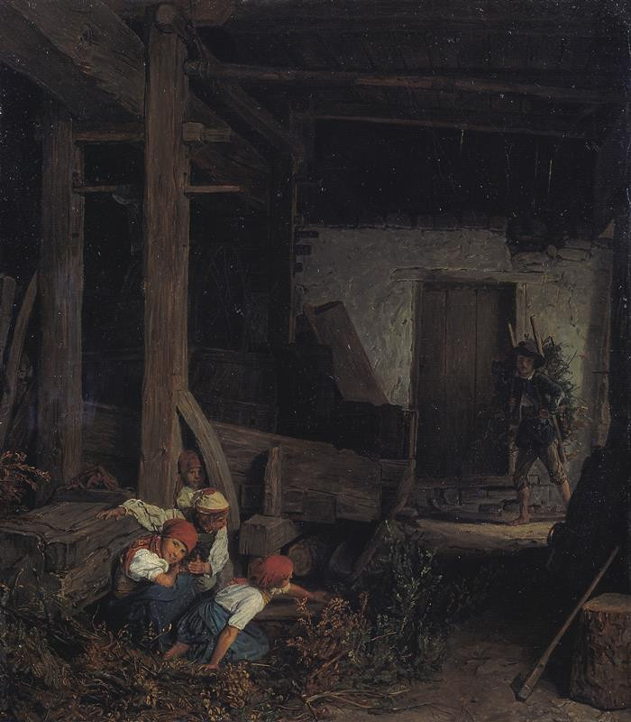 Ferdinand Georg Waldmüller - Děti ve stáji (Děti schované za vinným lisem)