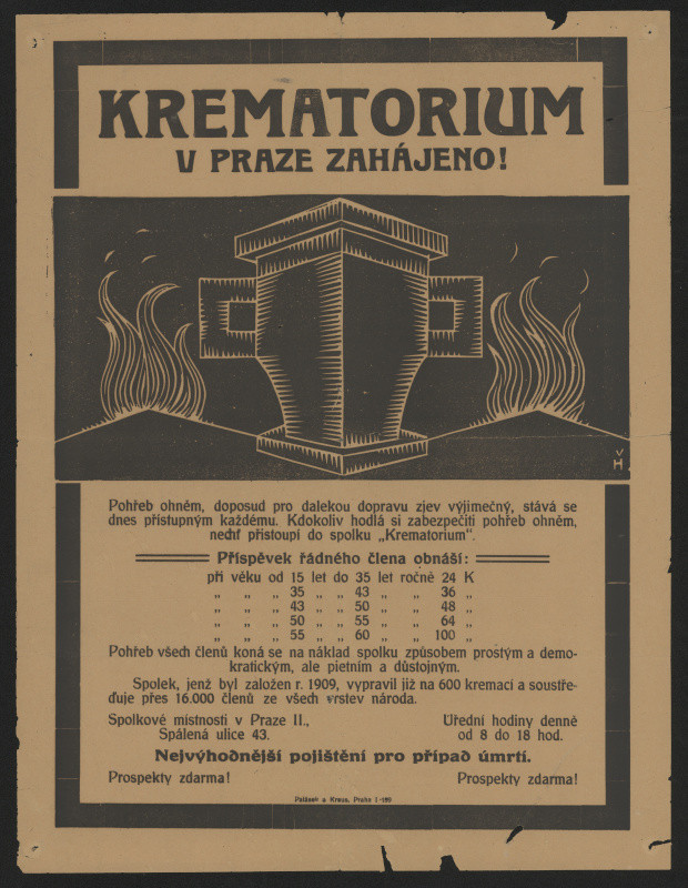 signatura V.H. - Plakát k zahájení krematoria v Praze