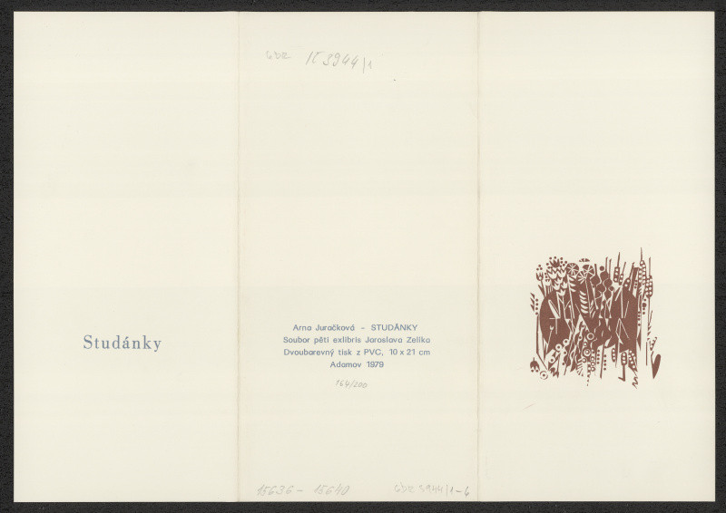 Arna (Arnoštka) Juračková - Arna Juračková - Studánky. Soubor pěti exlibris Jaroslava Zelíka.