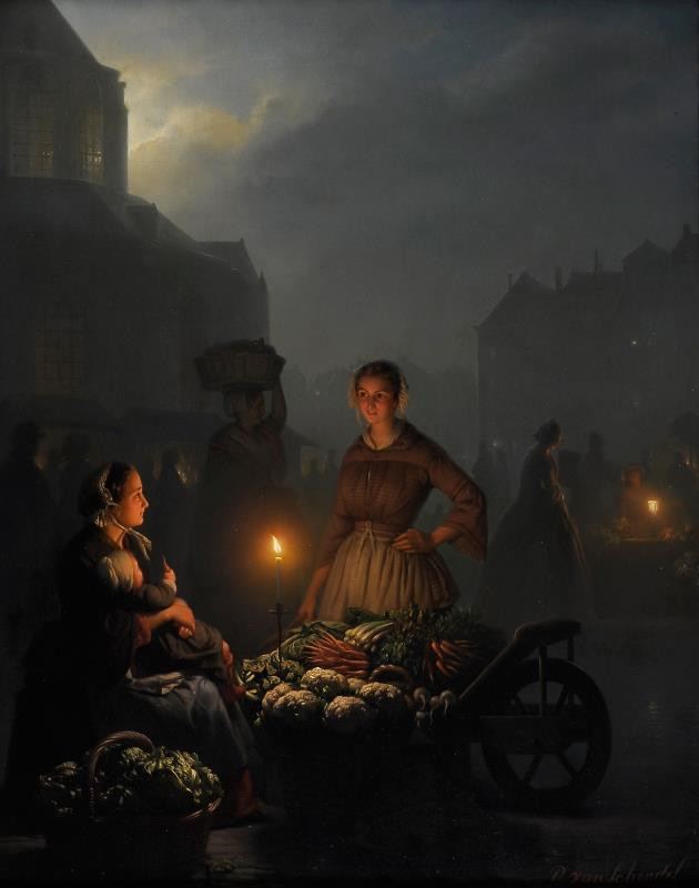 Petrus van Schendel - Trh. Prodavačka s děckem