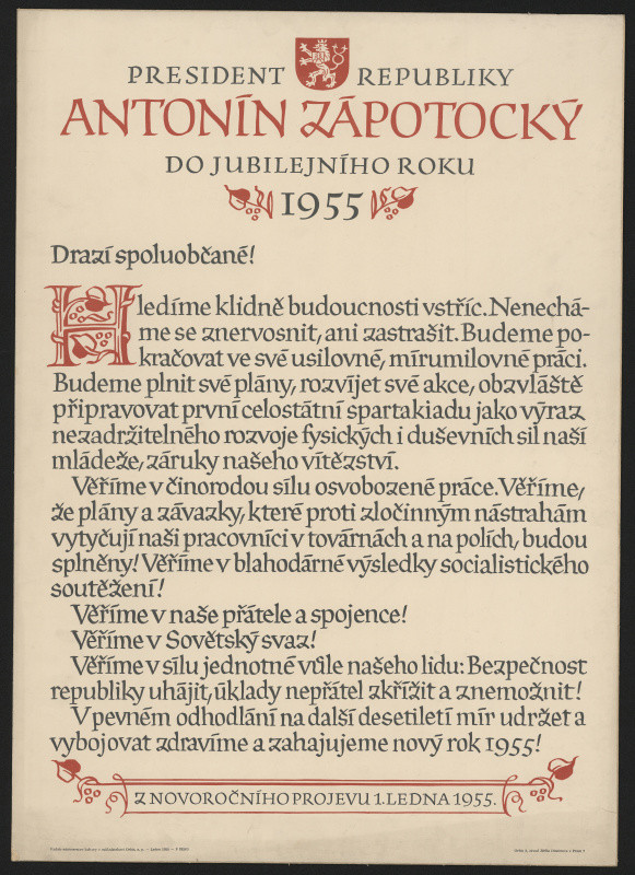 Oldřich Menhart - novoroční projev k 1.1.1955 presid. republ. Ant. Zápotockého do jubilejn. rl¨. 1955