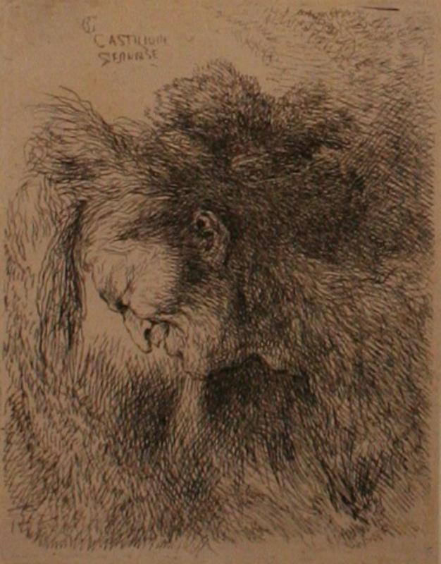 Giovanni Benedetto Castiglione zv. Il Grechetto - Hlava smějícího se starce, 7.list z cyklu Malé mužské hlavy s orientálními účesy