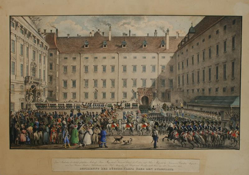 neznámý rytec rakouský - Defilirung der Bürger - Corps über den Burgplatz