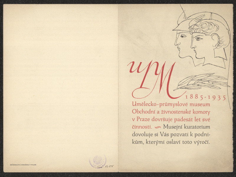 neznámý - Pozvánka na  jubilejní výstavu v UPM Praha a cyklus přednášek k výročí 1885-1935