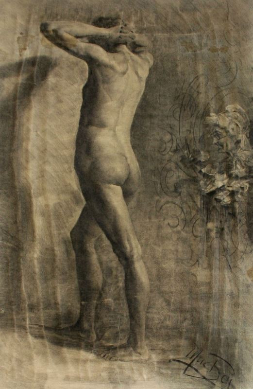 Alfons Mucha - Mužský akt zezadu se založenýma rukama za hlavou
