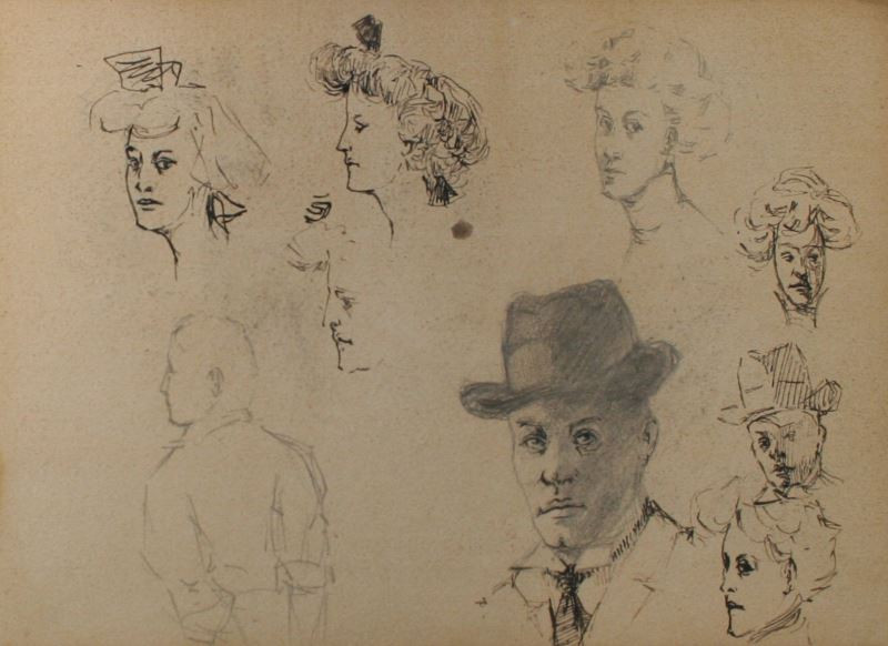 Josef Šíma - List ze skicáku (studie hlav, figur a krajiny)
