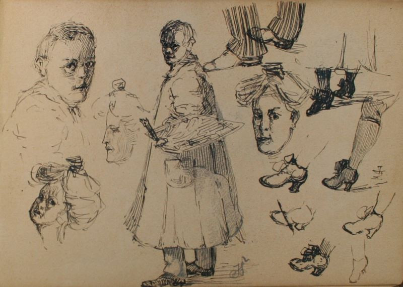Josef Šíma - List ze skicáku (studie k autoportrétu, hlavy, figury)