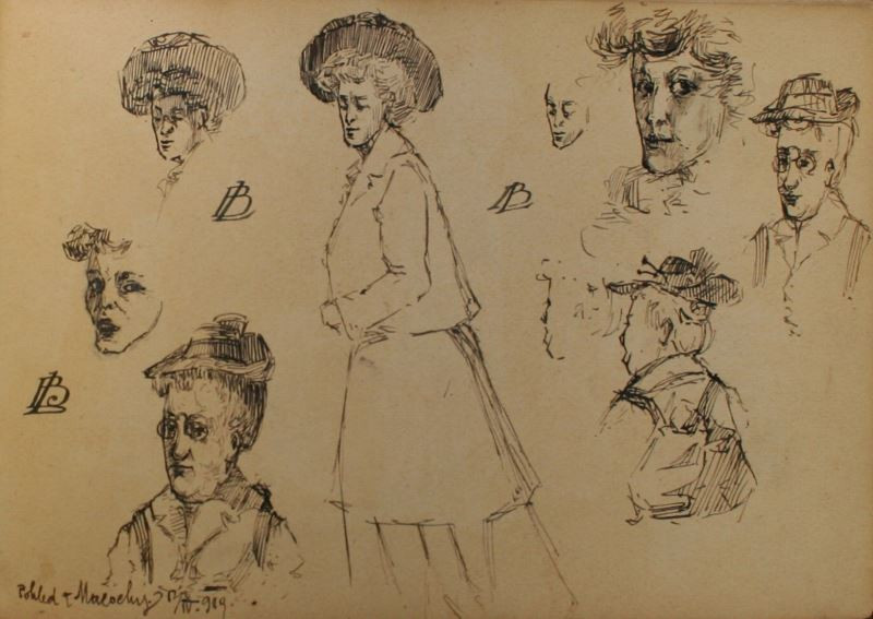 Josef Šíma - List ze skicáku (studie  hlav a figur)