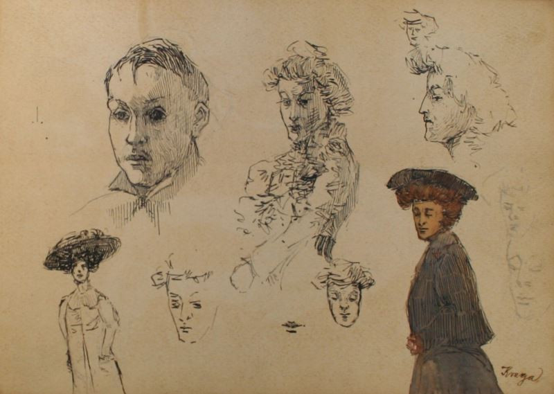 Josef Šíma - List ze skicáku (studie figur a hlav)