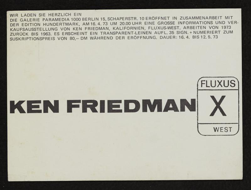 Ken Friedman - Pozvánka na výystavu v galerii Paramedia, Belín a Německo, 16.4.-12.5.1973