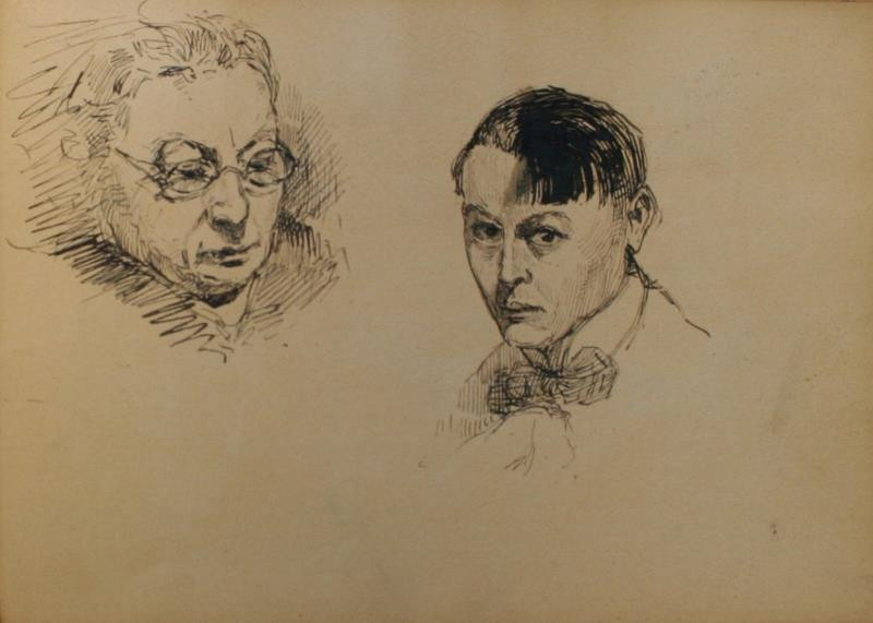 Josef Šíma - List ze skicáku (portrétní studie, studie šermíře)
