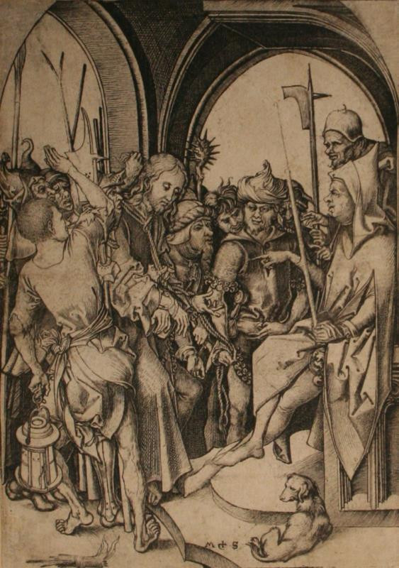 Martin Schongauer - Kristus před veleknězem, 3. list z cyklu 12 Pašijí