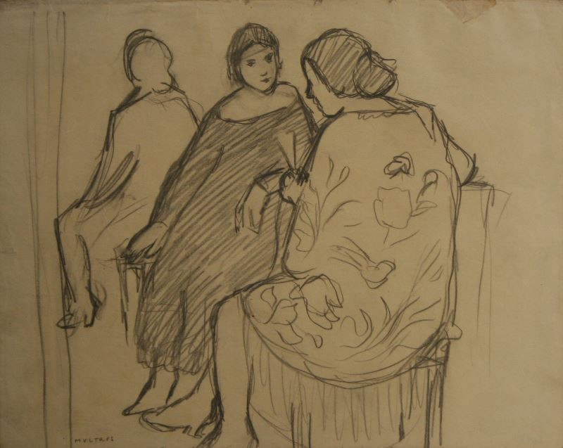 Josef Multrus - Tři sedící ženy - Sedící žena před závěsem