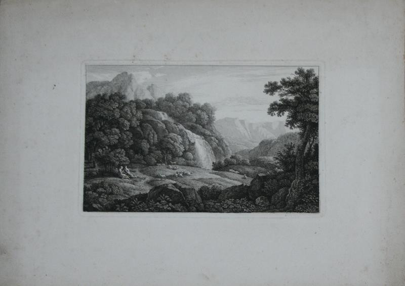 Johann Nepomuk Schödlberger (Schödelberger) - Skalnatá krajina s vodopádem a stádem ovcí