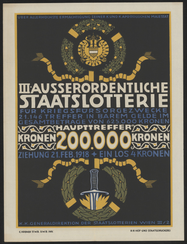 Carl Krenek - III. Ausserordentliche Staatslotterie für Kriegsfürsorgezwecke ... 1918 Wien