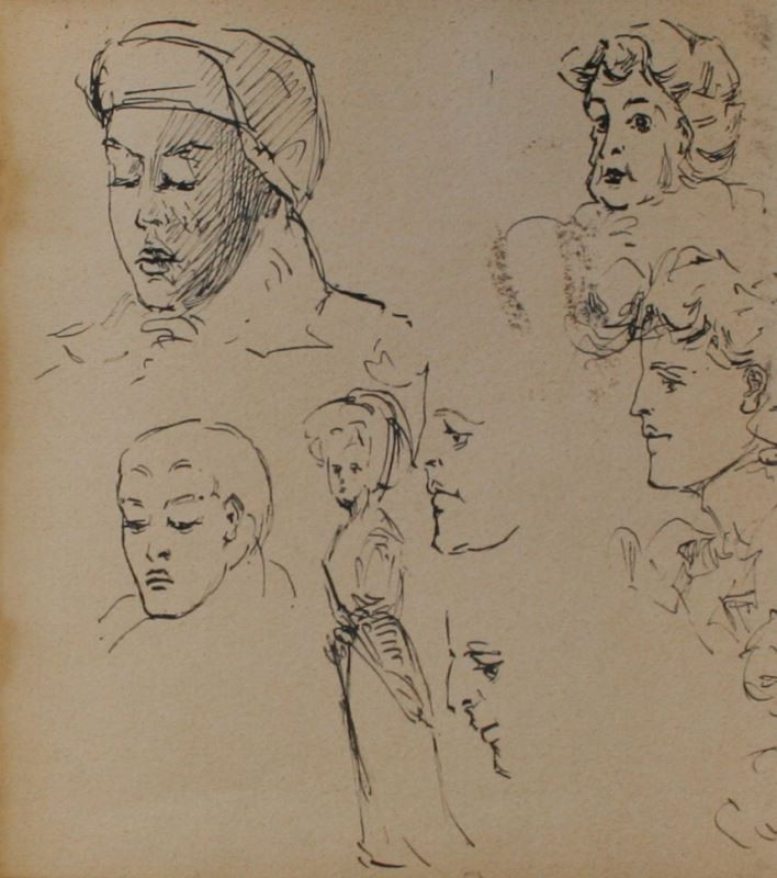 Josef Šíma - List ze skicáku (studie figury a hlav)