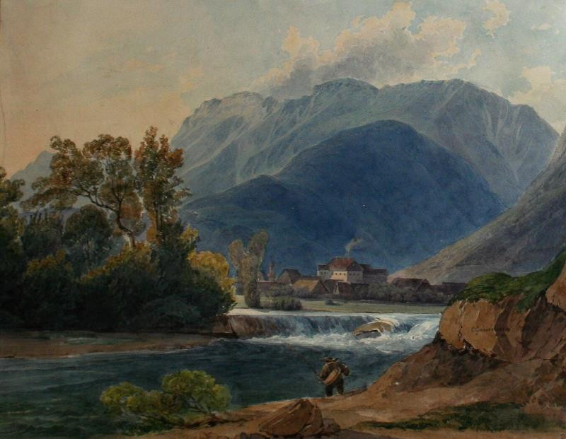 Carl Gauermann - Řeka v horách (Horská krajina s řekou a splavem)