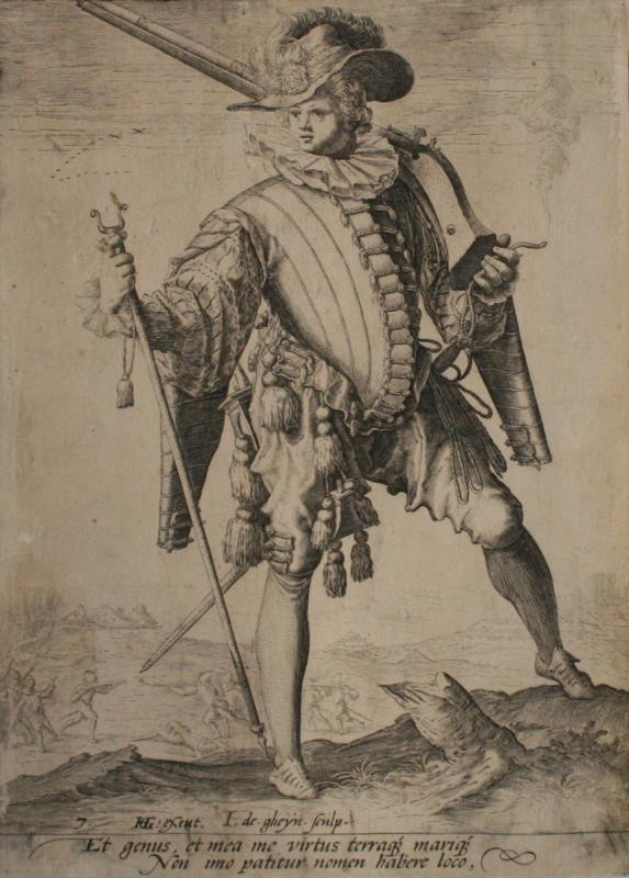 Jacob de (Jacques) Gheyn II. - Arkebusír, 7. list z cyklu odění důstojníků a vojáků pěšího pluku nizozemského.