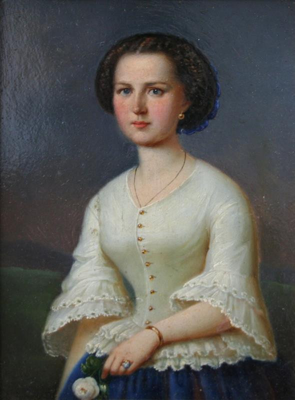 Josef Hübner (?) - Dívčí portrét v bílých šatech (s bílou růží)