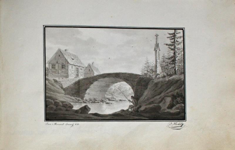 Josef Kohl - Krajina s řekou, mostem a gotickými božími mukami
