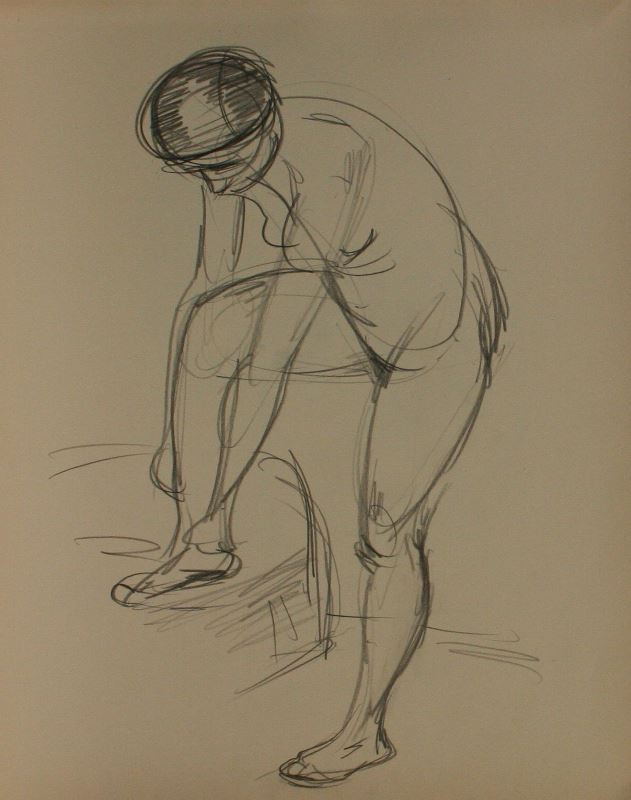 Otto Neudert - Skica ženského aktu sklánějícího se k pravé noze