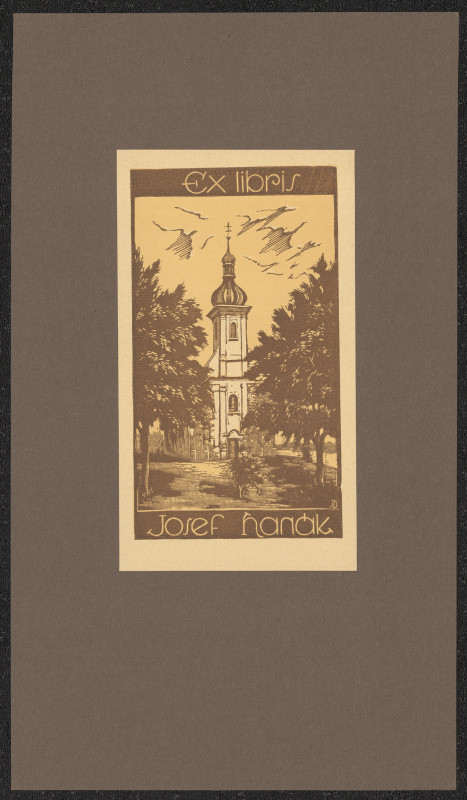 Jaroslav Dobrovolský - Ex libris Josef Hanák. in Jaroslav Dobrovolský, Soubor knižních značek IV. 12 původních dřevorytů. Břeclav 1930