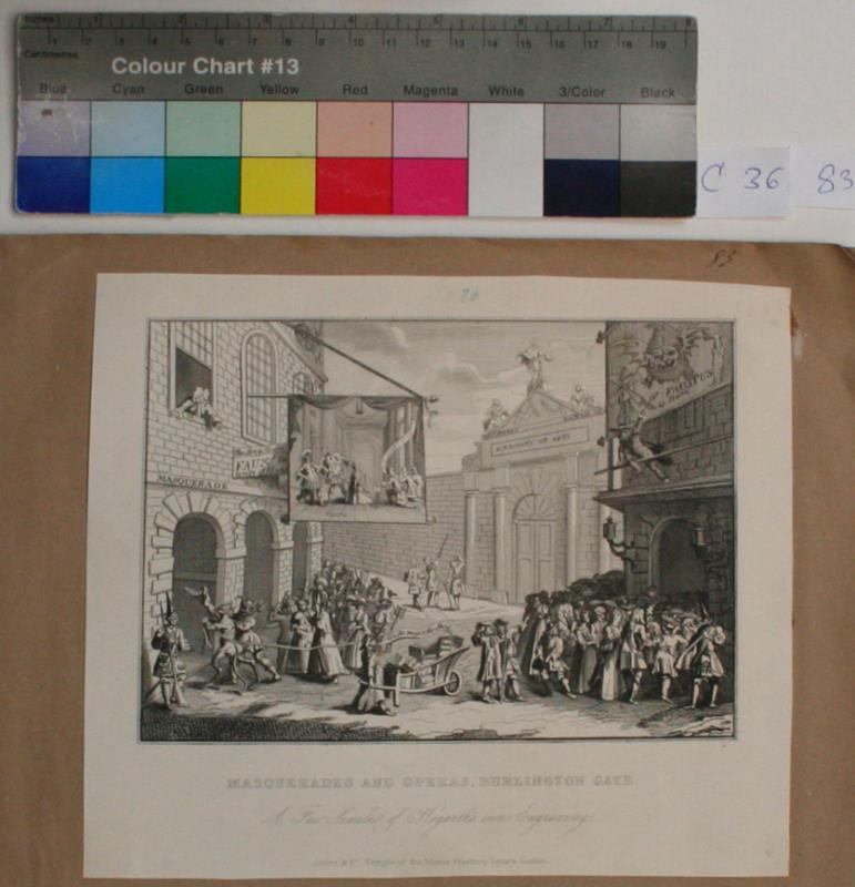 neznámý rytec - Masquerades and Operas, Burlington Gate. in album VI. from the Original by W. Hogarth