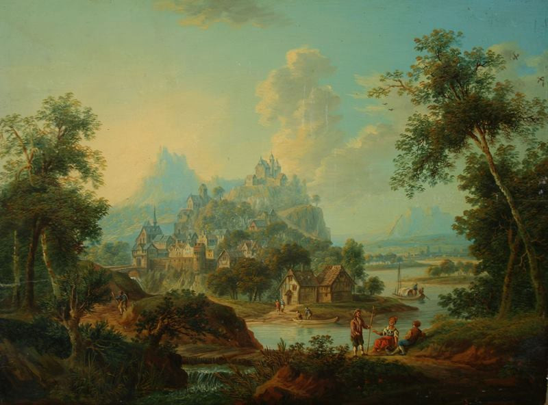Jan Griffier I. - směr - Krajina s řekou, hradem a figurální stafáží