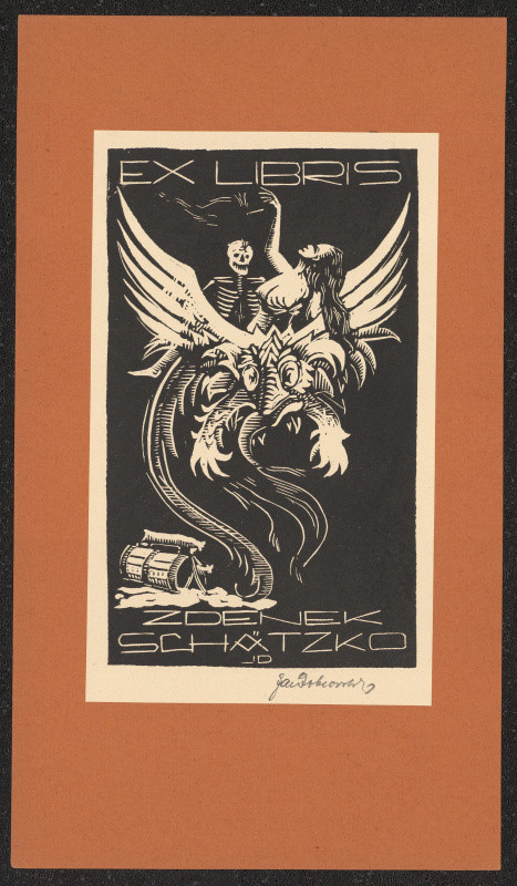 Jaroslav Dobrovolský - Ex libris Zdenek Schätzko, in Dobrovolský Jaroslav, Soubor knižních značek II. 12 původních dřevorytů. Břeclav 1929