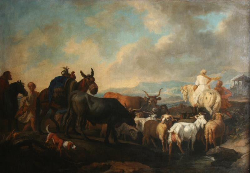 Pieter van Bloemen zv. Standaart - Italská krajina s kohoutem na oslu a stádem