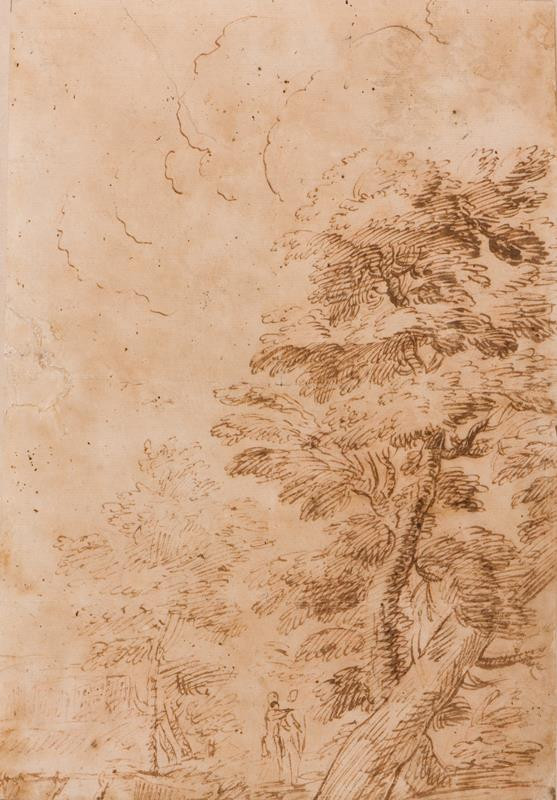 neznámý malíř italský - Krajina se stromy a figurální stafáží