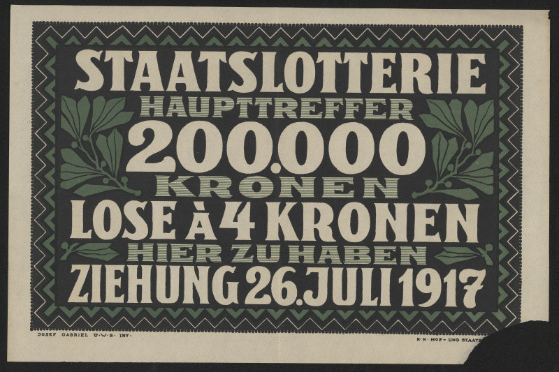 Josef Gabriel - Staatslotterie Hauptreffer 200.000 Kronen ziehung 26. Juli 1917