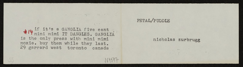 Barrie Phillip Nichol - Petal/Puddle, 5? Mini Mimeo Series # 14, Ganglia Press Toronto Kanada