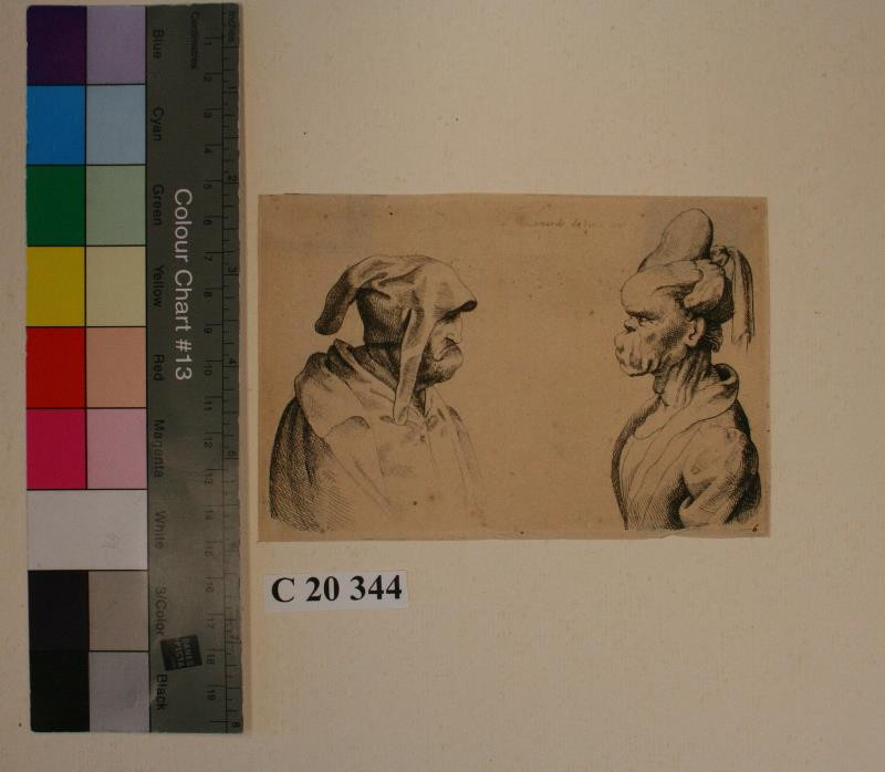 Václav (Wenceslaus) Hollar - Karikatura muže v kapuci a žena v čepici